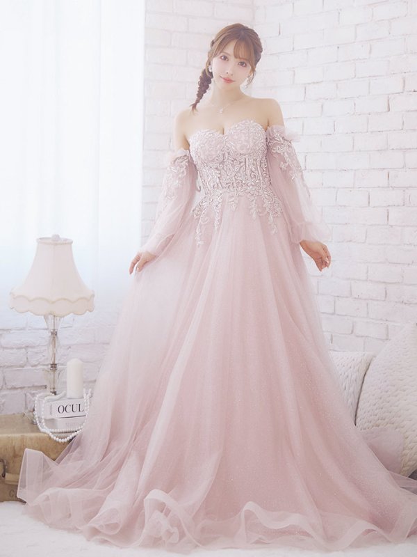 画像4: 【ANGEL R/エンジェルアール】ベア/袖あり/ オフショル/ フレアスリーブ/ フラワー刺繍/ ウェディング/ バースデー/ プリンセス/ フレア/ ロングドレス/ キャバドレスlong[HC03]