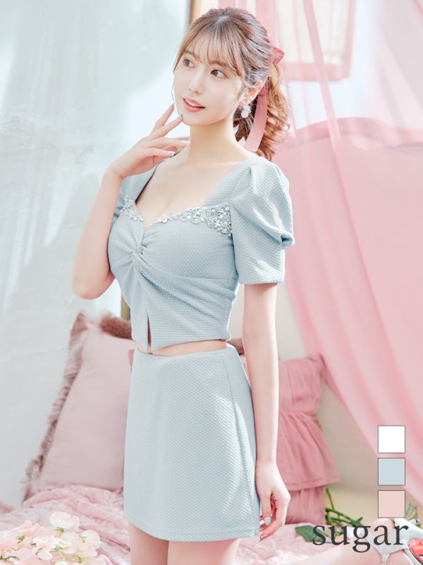 画像1: XSサイズあり【ANGEL R/エンジェルアール】バストビジュー/ クロスタック/ パフスリーブ/ セパレート/ マイクロミニ/ フレア/ミニドレス/ キャバドレス[OF2]