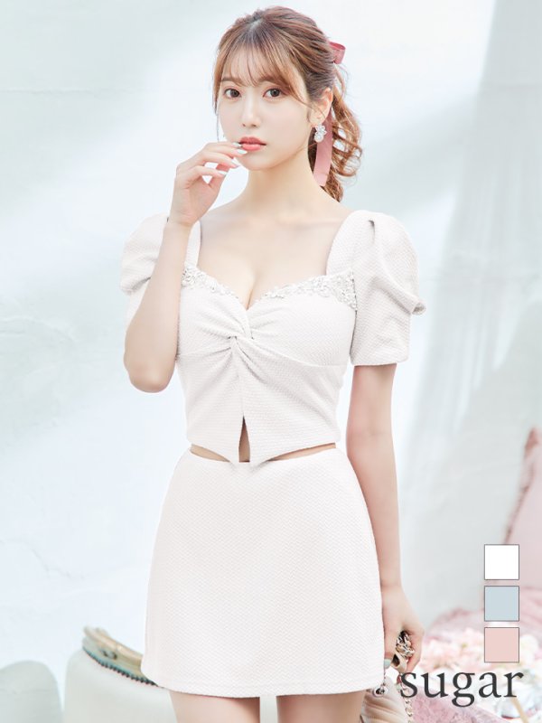 画像2: XSサイズあり【ANGEL R/エンジェルアール】バストビジュー/ クロスタック/ パフスリーブ/ セパレート/ マイクロミニ/ フレア/ミニドレス/ キャバドレス[OF2]