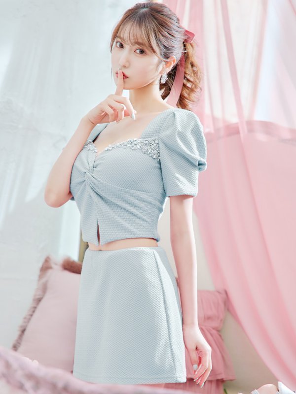 画像13: XSサイズあり【ANGEL R/エンジェルアール】バストビジュー/ クロスタック/ パフスリーブ/ セパレート/ マイクロミニ/ フレア/ミニドレス/ キャバドレス[OF2]