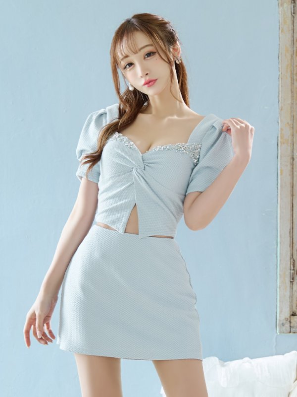 画像17: XSサイズあり【ANGEL R/エンジェルアール】バストビジュー/ クロスタック/ パフスリーブ/ セパレート/ マイクロミニ/ フレア/ミニドレス/ キャバドレス[OF2]