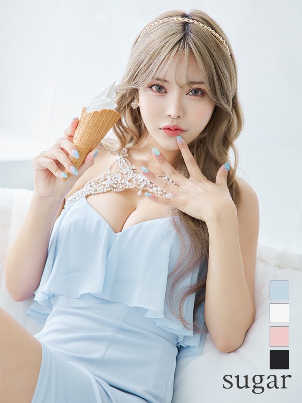 XSサイズあり【Angel R/エンジェルアール】 デコルテビジュー/ バストシフォンデザイン/ タイト/ ミニドレス/ キャバドレス　サックス