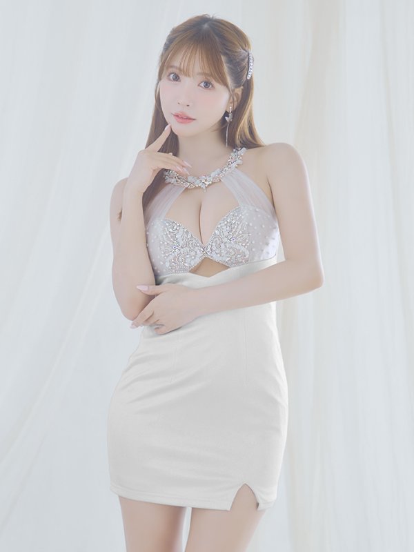 画像1: XSサイズあり【ANGEL R/エンジェルアール】ホルターネック / バストビジュー / レース / ラメ / マイクロミニドレス/ キャバドレス[OF2]