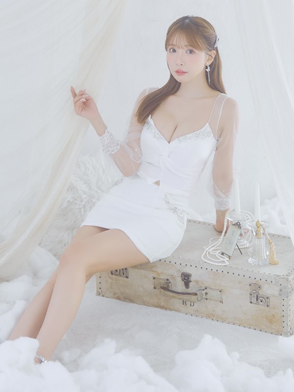 画像4: XSサイズあり【ANGEL R/エンジェルアール】バストクロスデザイン/ メッシュスリーブ/ ビジュー/ タイト/ セットアップ/ ミニドレス/ キャバドレス[OF2]