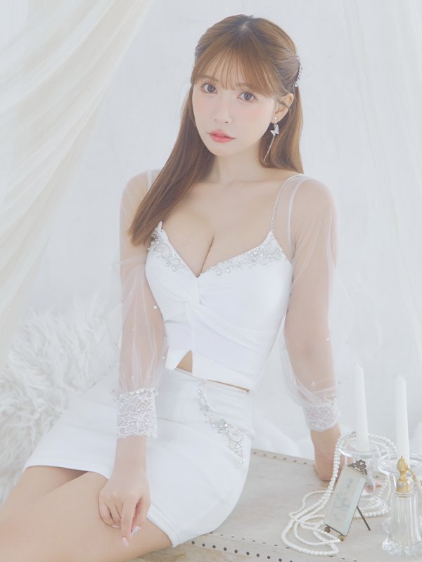 画像6: XSサイズあり【ANGEL R/エンジェルアール】バストクロスデザイン/ メッシュスリーブ/ ビジュー/ タイト/ セットアップ/ ミニドレス/ キャバドレス[OF2]