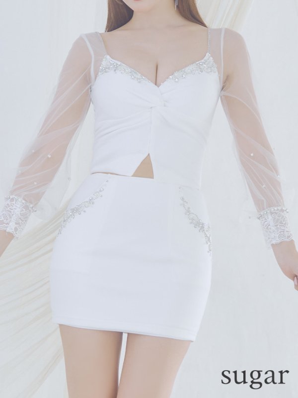 画像8: XSサイズあり【ANGEL R/エンジェルアール】バストクロスデザイン/ メッシュスリーブ/ ビジュー/ タイト/ セットアップ/ ミニドレス/ キャバドレス[OF2]