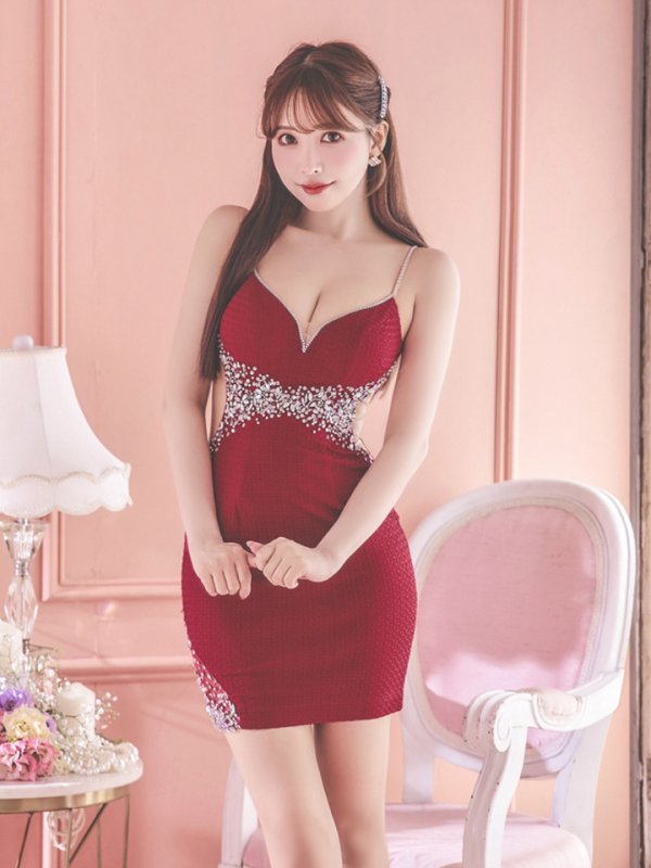 画像32: XSサイズあり【ANGEL R/エンジェルアール】ウエストスパンコール/ ビジュー/ アンイーブンファブリック/ キャミソール/ タイト/ ミニドレス/ キャバドレス[OF2]