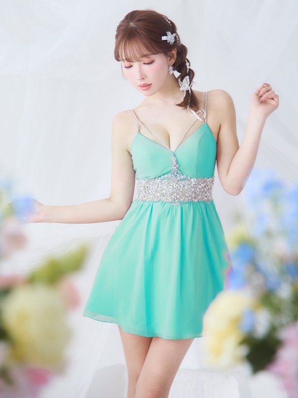 画像11: XSサイズあり【ANGEL R/エンジェルアール】ウエストパール/ ビジュー/ キャミソール/ シフォン/ フレア/ ミニドレス/ キャバドレス[OF2]