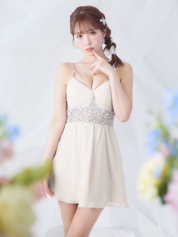 画像3: XSサイズあり【ANGEL R/エンジェルアール】ウエストパール/ ビジュー/ キャミソール/ シフォン/ フレア/ ミニドレス/ キャバドレス[OF2]