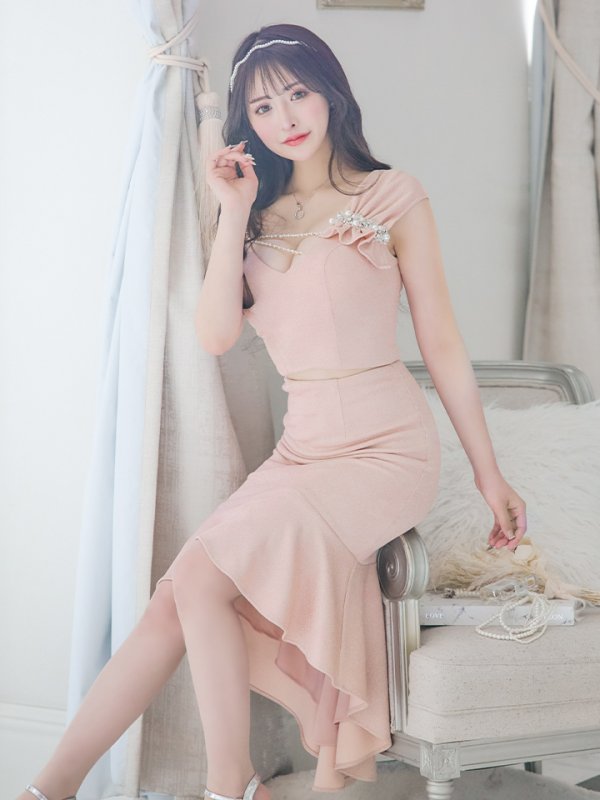 画像9: XSサイズあり【ANGEL R/エンジェルアール】アシンメトリーショルダー/ パールビジュー/ セパレート/ マーメイド/ ラメ/ ミディアムドレス/ キャバドレス[OF2]