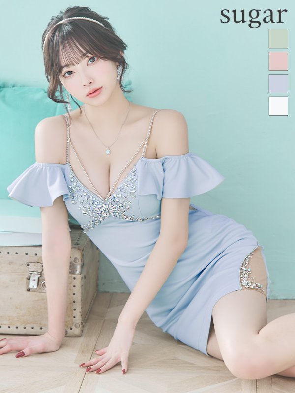 画像2: XSサイズあり【ANGEL R/エンジェルアール】バストショルダービジュー/ フリルオフショルダー/ タイト/ マイクロミニ/ ミニドレス/ キャバドレス[OF2]