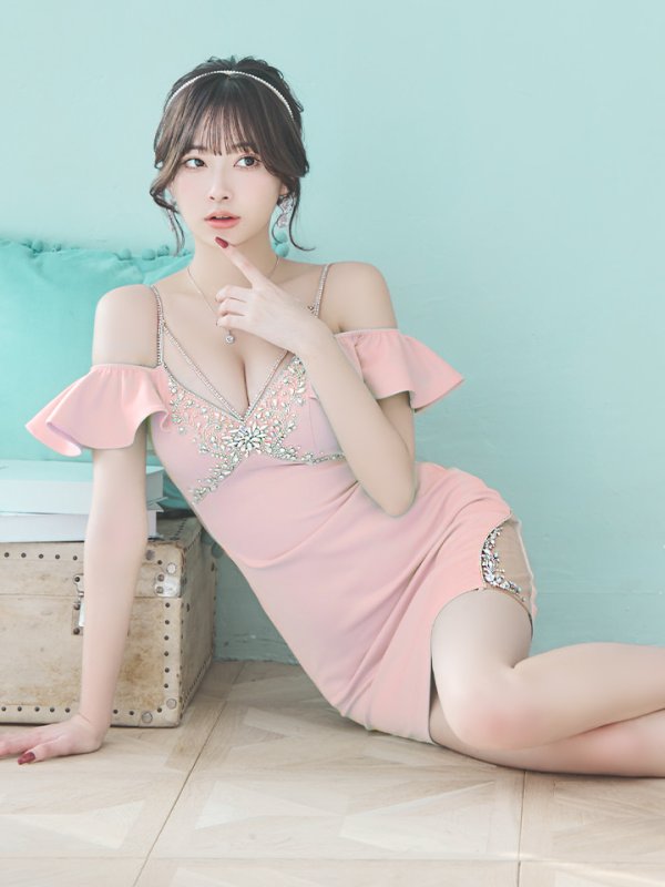 画像2: XSサイズあり【ANGEL R/エンジェルアール】バストショルダービジュー/ フリルオフショルダー/ タイト/ マイクロミニ/ ミニドレス/ キャバドレス[OF2]