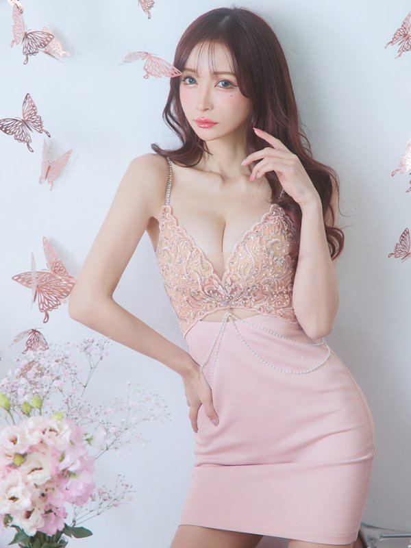 画像4: XSサイズあり【ANGEL R/エンジェルアール】 アッパーフラワー/ パール/ ビジュー/ レース/ チェーン/ キャミソール/ タイト/ ミニドレス/ キャバドレス[OF2]