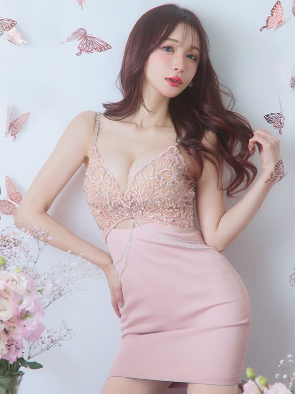 画像5: XSサイズあり【ANGEL R/エンジェルアール】 アッパーフラワー/ パール/ ビジュー/ レース/ チェーン/ キャミソール/ タイト/ ミニドレス/ キャバドレス[OF2]