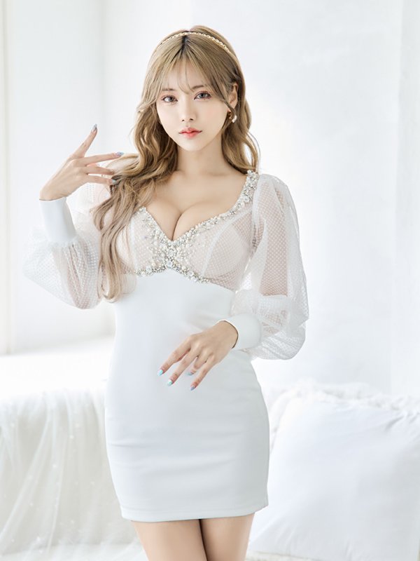 画像14: XSサイズあり【ANGEL R/エンジェルアール】フラワービジュー/ ドットシースルー/ ロングスリーブ/ タイト/ ミニドレス/ キャバドレス[OF2]