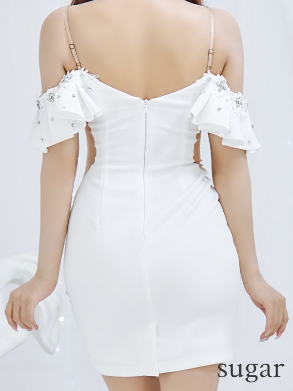 画像18: XSサイズあり【ANGEL R/エンジェルアール】フリルショルダー/ フラワーレース/ オフショル/ ビジュー/ ワンカラー/ タイト/ ミニドレス/ キャバドレス[OF2]