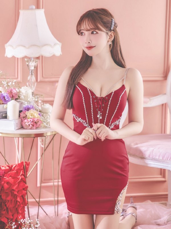 画像13: XSサイズあり【ANGEL R/エンジェルアール】バストレースアップ/ Vウエスト/ ビジュー/ ワンカラー/ シアー/ タイト/ ミニドレス/ キャバドレス[OF2]