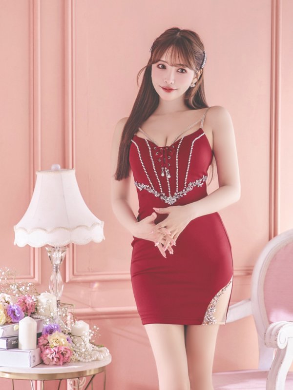 画像14: XSサイズあり【ANGEL R/エンジェルアール】バストレースアップ/ Vウエスト/ ビジュー/ ワンカラー/ シアー/ タイト/ ミニドレス/ キャバドレス[OF2]