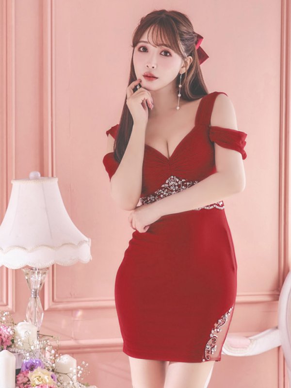 画像9: XSサイズあり【ANGEL R/エンジェルアール】シフォンスリーブ/ フラワーデザイン/ ビジュー/ ワンカラー/ オフショルダー/ タイト/ ミニドレス/ キャバドレス[OF2]