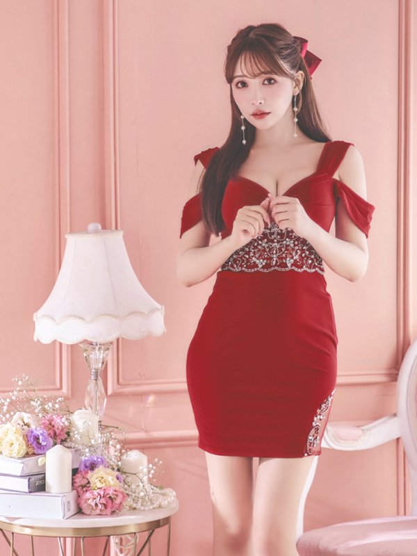 画像11: XSサイズあり【ANGEL R/エンジェルアール】シフォンスリーブ/ フラワーデザイン/ ビジュー/ ワンカラー/ オフショルダー/ タイト/ ミニドレス/ キャバドレス[OF2]