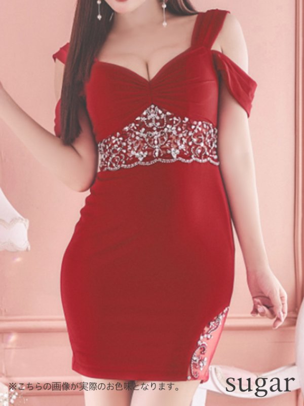 画像20: XSサイズあり【ANGEL R/エンジェルアール】シフォンスリーブ/ フラワーデザイン/ ビジュー/ ワンカラー/ オフショルダー/ タイト/ ミニドレス/ キャバドレス[OF2]