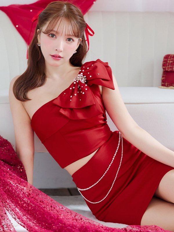 画像9: XSサイズあり【ANGEL R/エンジェルアール】ビックリボンワンショルダー/ パールチェーン/ セパレート/ タイト/ マイクロミニ/ ミニドレス/ キャバドレス[OF2]