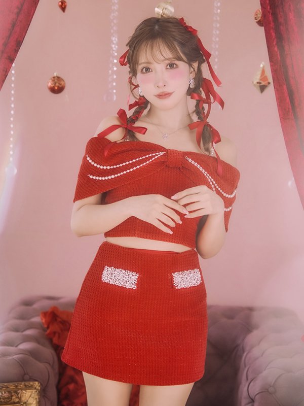 画像11: XSサイズあり【ANGEL R/エンジェルアール】リボンオフショルダー/ パールチェーン/ ツイード/ セパレート/ マイクロミニドレス/ キャバドレス[OF2]