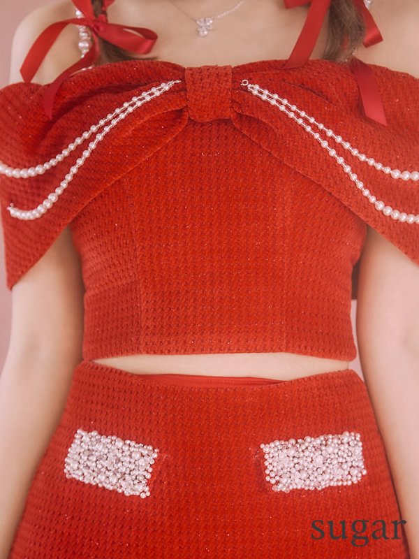 画像17: XSサイズあり【ANGEL R/エンジェルアール】リボンオフショルダー/ パールチェーン/ ツイード/ セパレート/ マイクロミニドレス/ キャバドレス[OF2]