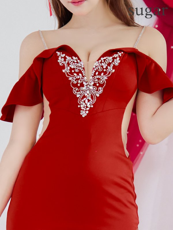 画像10: XSサイズあり【ANGEL R/エンジェルアール】フリルスリーブ/ Vカット/ フロントビジュー/ メッシュ/ タイト/ミニドレス/ キャバドレス[OF2]