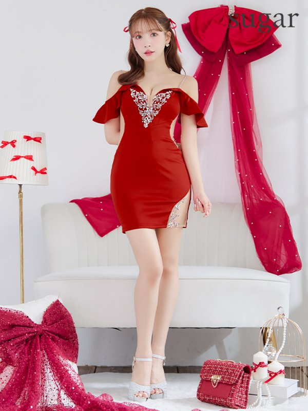 画像7: XSサイズあり【ANGEL R/エンジェルアール】フリルスリーブ/ Vカット/ フロントビジュー/ メッシュ/ タイト/ミニドレス/ キャバドレス[OF2]