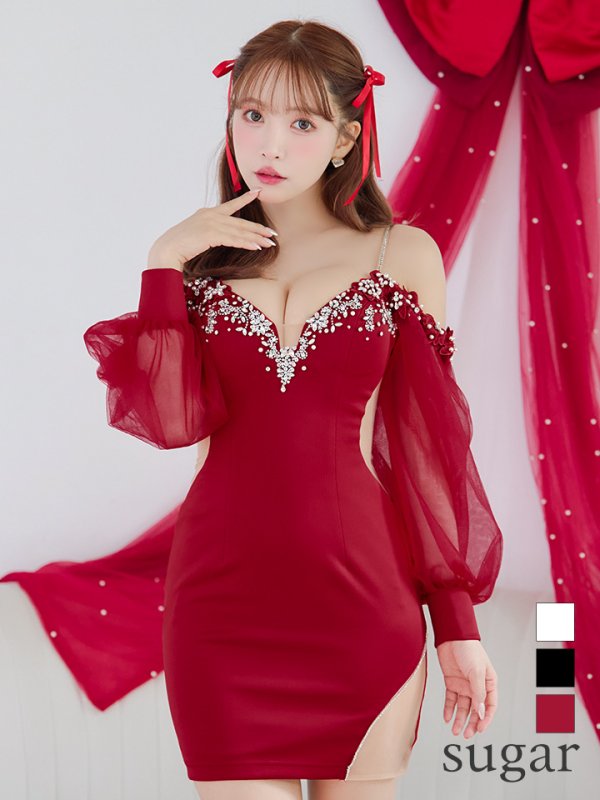 画像1: XSサイズあり【ANGEL R/エンジェルアール】シフォンロングスリーブ/ フラワーレース/ ビジュー/ タイト/ ミニドレス/ キャバドレス[OF2]