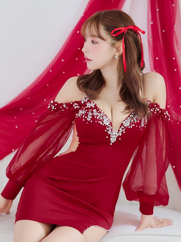 画像11: XSサイズあり【ANGEL R/エンジェルアール】シフォンロングスリーブ/ フラワーレース/ ビジュー/ タイト/ ミニドレス/ キャバドレス[OF2]