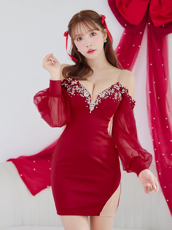 画像12: XSサイズあり【ANGEL R/エンジェルアール】シフォンロングスリーブ/ フラワーレース/ ビジュー/ タイト/ ミニドレス/ キャバドレス[OF2]