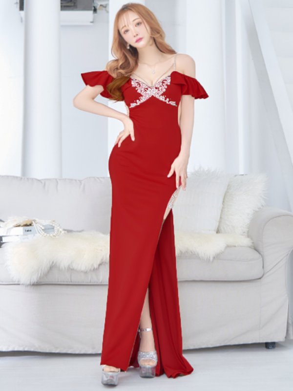 画像6: 【ANGEL R/エンジェルアール】フリルオフショルダー/ バストビジュー/ メッシュ/ タイト/ ロングドレス/ キャバドレス long[OF2]