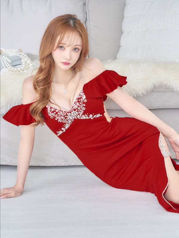 画像7: 【ANGEL R/エンジェルアール】フリルオフショルダー/ バストビジュー/ メッシュ/ タイト/ ロングドレス/ キャバドレス long[OF2]