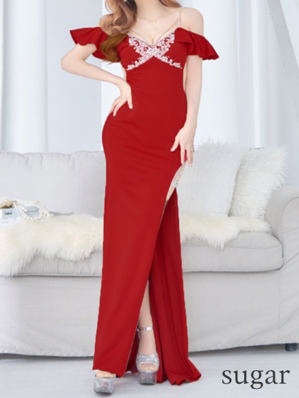 画像11: 【ANGEL R/エンジェルアール】フリルオフショルダー/ バストビジュー/ メッシュ/ タイト/ ロングドレス/ キャバドレス long[OF2]