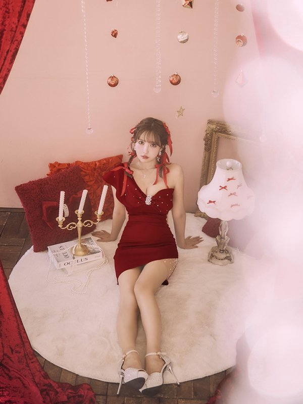 画像4: XSサイズあり【ANGEL R/エンジェルアール】ワンショルダーリボンデザイン/ パール/ ビジュー/ タイト/ ミニドレス/ キャバドレス[OF2]