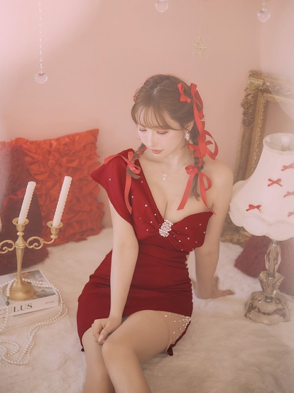 画像5: XSサイズあり【ANGEL R/エンジェルアール】ワンショルダーリボンデザイン/ パール/ ビジュー/ タイト/ ミニドレス/ キャバドレス[OF2]