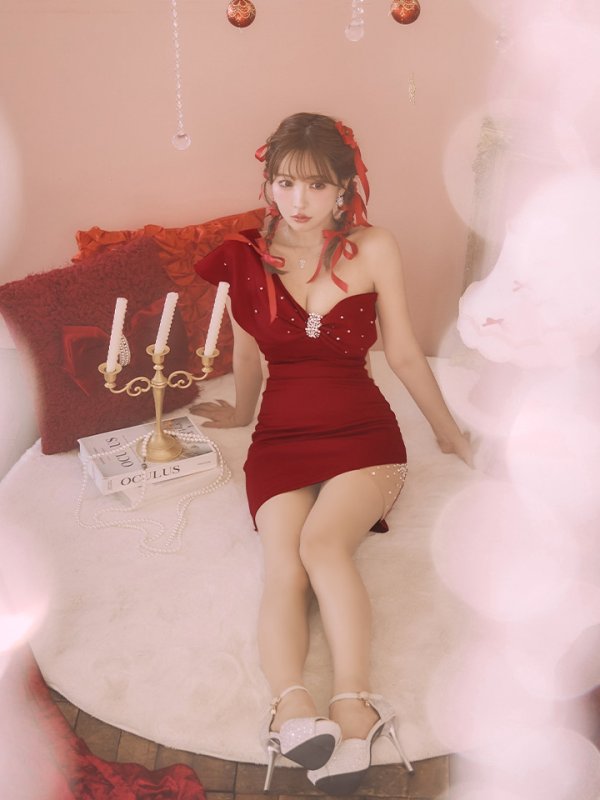 画像6: XSサイズあり【ANGEL R/エンジェルアール】ワンショルダーリボンデザイン/ パール/ ビジュー/ タイト/ ミニドレス/ キャバドレス[OF2]