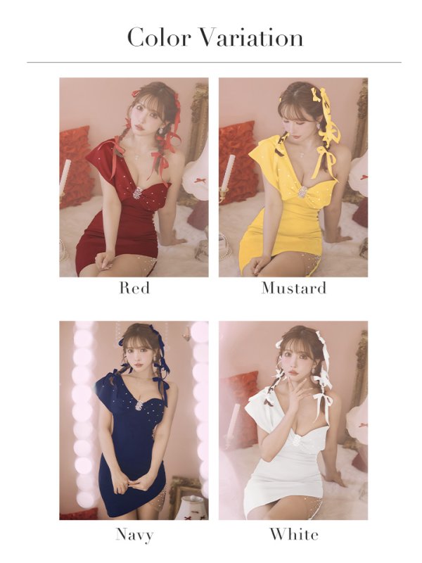 画像14: XSサイズあり【ANGEL R/エンジェルアール】ワンショルダーリボンデザイン/ パール/ ビジュー/ タイト/ ミニドレス/ キャバドレス[OF2]