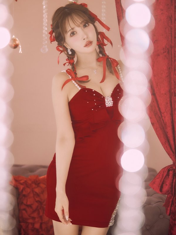 画像14: XSサイズあり【ANGEL R/エンジェルアール】フロントリボンデザイン/ フリル/ パールショルダー/ ビジュー/ ミニドレス/ キャバドレス[OF2]