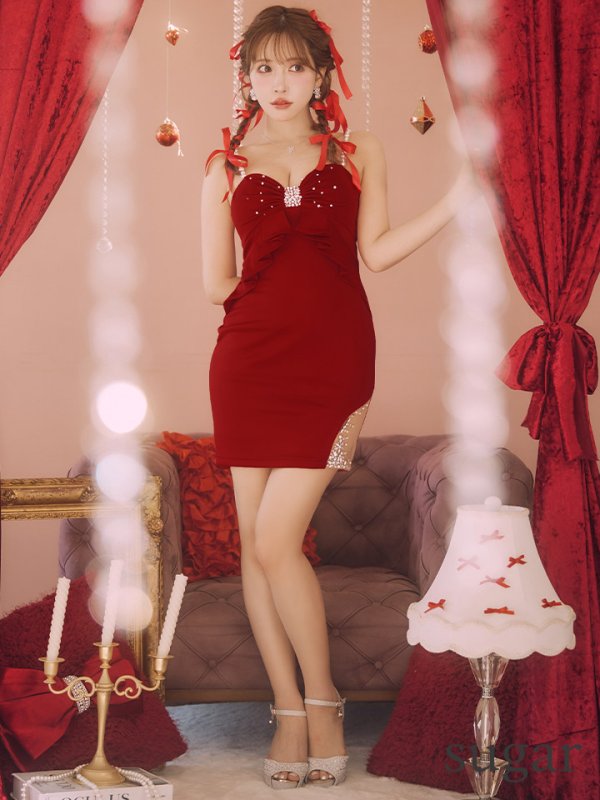 画像16: XSサイズあり【ANGEL R/エンジェルアール】フロントリボンデザイン/ フリル/ パールショルダー/ ビジュー/ ミニドレス/ キャバドレス[OF2]