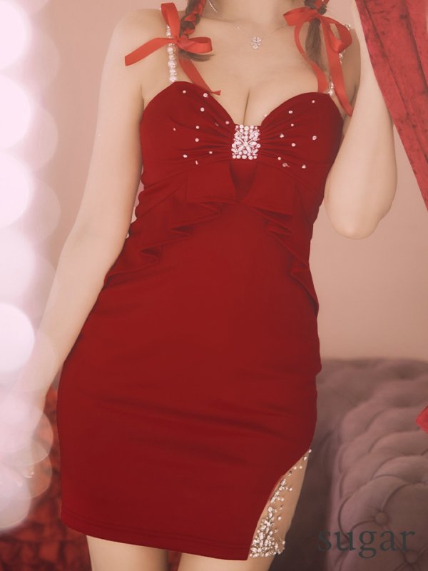 画像17: XSサイズあり【ANGEL R/エンジェルアール】フロントリボンデザイン/ フリル/ パールショルダー/ ビジュー/ ミニドレス/ キャバドレス[OF2]