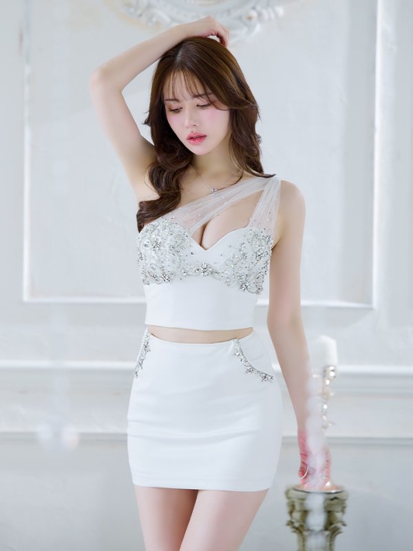 画像14: XSサイズあり【ANGEL R/エンジェルアール】ビジュー刺繍/ バストカット/ ワンショル/ ポケット付き/ セパレート/ セットアップ/ タイト/ ミニドレス/ キャバドレス[OF2]