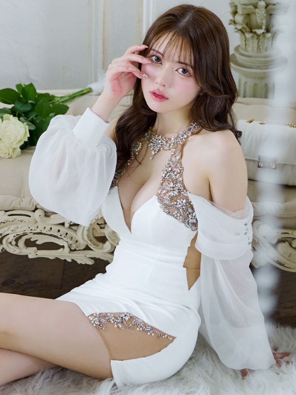 画像15: XSサイズあり【ANGEL R/エンジェルアール】オフショルダー/ ロングスリーブ/ ビジュー/ シアー/ タイト/ ミニドレス/ キャバドレス[OF2]