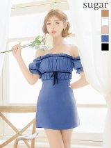 【予約商品/7月上旬-7月中旬発送予定】XSサイズあり【ANGEL R/エンジェルアール】オフショルダー/ ギャザー/ リボン/ Aライン/ バイカラー/ フレア/ マイクロミニドレス/ キャバドレス[OF2]
