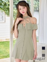 XSサイズあり【ANGEL R/エンジェルアール】クロスネック/ ストライプ/ ビジューチャーム/ ボタン/ プリーツ/ フレア/ マイクロミニドレス/ キャバドレス[OF2]