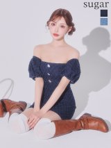 【予約商品/5月上旬-5月中旬発送予定】XSサイズあり【ANGEL R/エンジェルアール】デニムデザイン/ オフショルダー/ パフスリーブ/ ウエストカット/ ボタン/ チェーンショルダー/ マイクロミニ/ フレア/ ミニドレス/ キャバドレス[OF2]