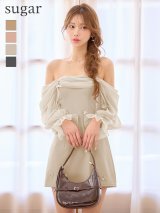 XSサイズあり【ANGEL R/エンジェルアール】オフショルダー/ ロングスリーブ/ シアー/ リボン/ フラワービジュー/ バイカラー/ フレア/ ミニドレス/ キャバドレス[OF2]