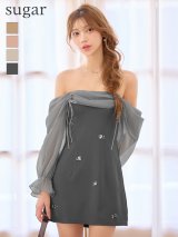XSサイズあり【ANGEL R/エンジェルアール】オフショルダー/ ロングスリーブ/ シアー/ リボン/ フラワービジュー/ バイカラー/ フレア/ ミニドレス/ キャバドレス[OF2]